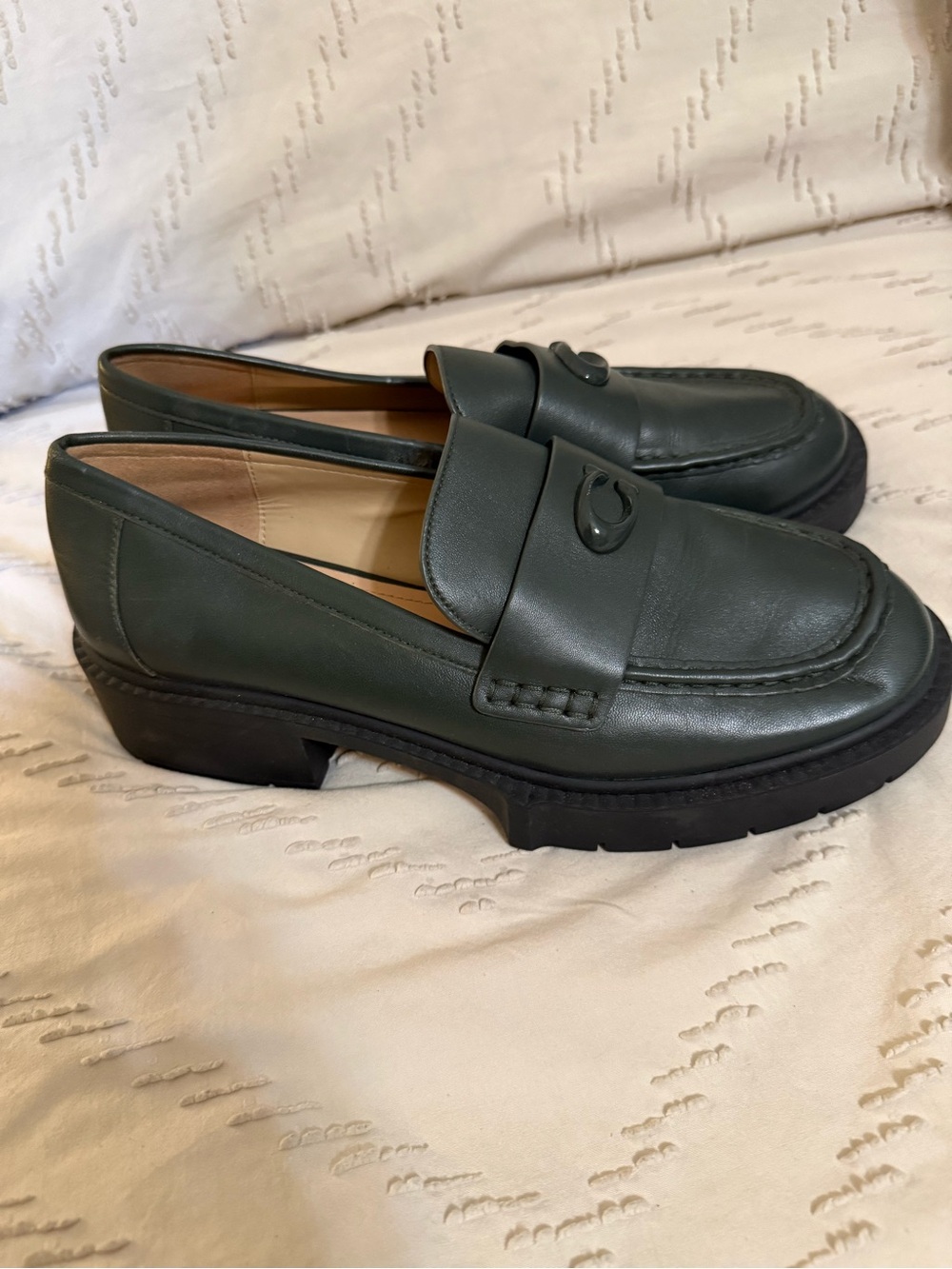 Coach Dark Green Leather Platform Loafers - Women